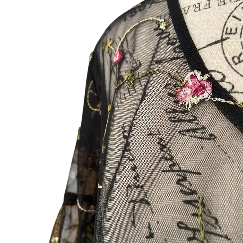 Gypsies & Moondust Black Sheer Mesh Floral Blouse in Size Large